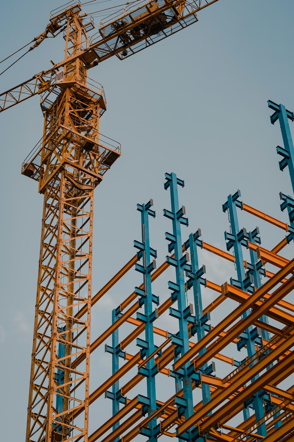 Steel frame and tower crane on a construction site